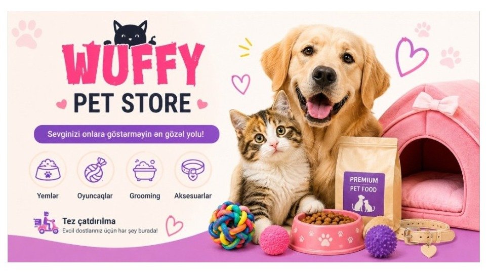 Wuffy Pet Store-un pişik və it ilə çəhrayı brend görüntüsü